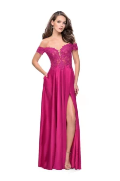 La Femme - 25694 Off Shoulder Lace Pleated Dress -Hot Sale WEDDING Store la femme 25694 off shoulder lace pleated dress special occasion dress 00 hot fuchsia 5512248033337
