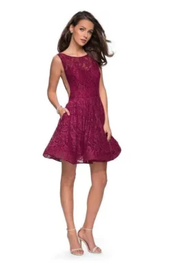 La Femme - 26616 Deep Scoop Back All Over Lace Short Dress -Hot Sale WEDDING Store la femme 26616 deep scoop back all over lace short dress homecoming dresses 00 boysenberry 28768996163667