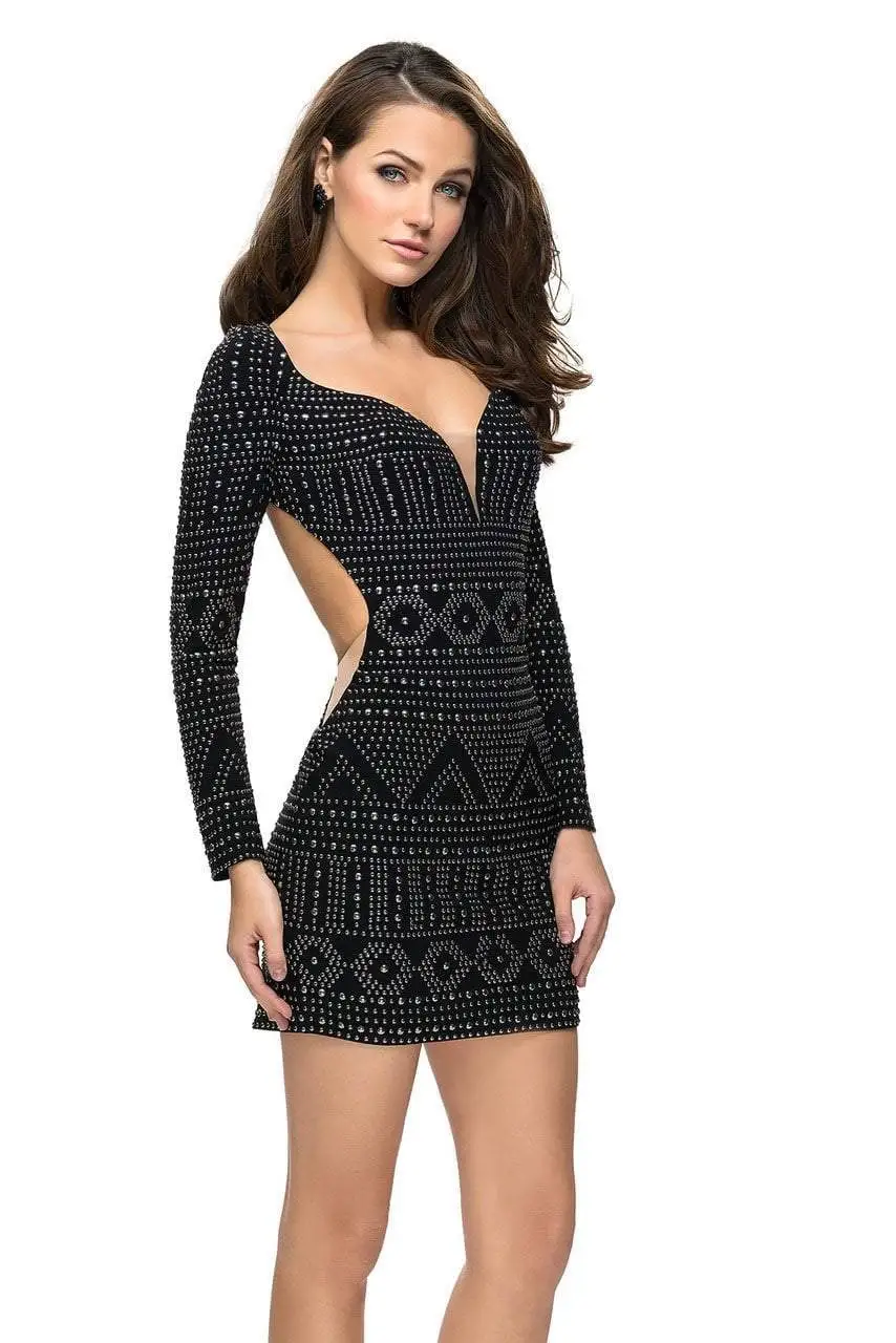 La Femme - 26672 Metallic Studded Deep V-neck Sheath Dress 5 La Femme - 26672 Metallic Studded Deep V-neck Sheath Dress - Image 5