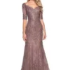 La Femme - 26943 Bedazzled Curve V-neck Trumpet Dress
