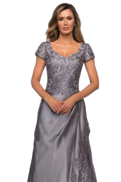 La Femme - 27033 Floral Embroidery Stretch Satin A-Line Gown -Hot Sale WEDDING Store la femme 27033 floral embroidery stretch satin a line gown mother of the bride dresses 28148611154003