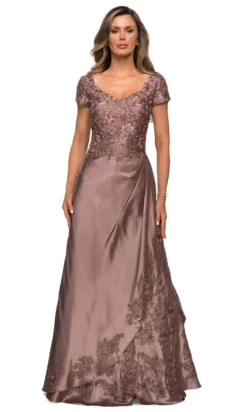 La Femme - 27033 Floral Embroidery Stretch Satin A-Line Gown