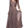 La Femme - 27153 Sheer Lace Quarter Sleeves Empire Waist Chiffon Gown