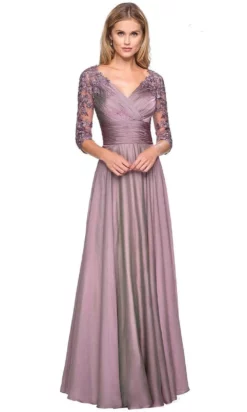 La Femme - 27153 Sheer Lace Quarter Sleeves Empire Waist Chiffon Gown -Hot Sale WEDDING Store la femme 27153 sheer lace quarter sleeves empire waist chiffon gown mother of the bride dresses 0 dusty lilac 30424867340371