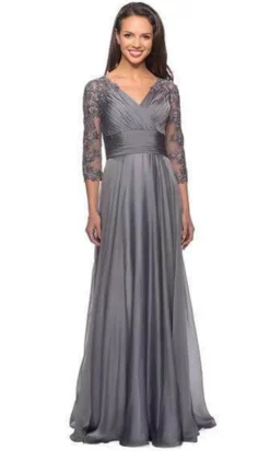 La Femme - 27153 Sheer Lace Quarter Sleeves Empire Waist Chiffon Gown -Hot Sale WEDDING Store la femme 27153 sheer lace quarter sleeves empire waist chiffon gown mother of the bride dresses 0 platinum 30424867471443
