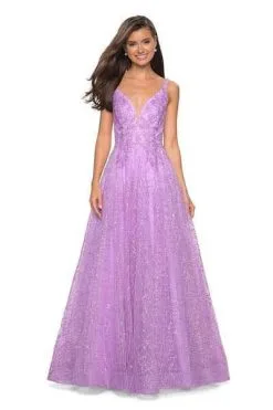 La Femme - 27719 Lace Appliqued Plunging Bodice Sequined Gown -Hot Sale WEDDING Store la femme 27719 lace appliqued plunging bodice sequined gown special occasion dress 00 lavender 7068144468051