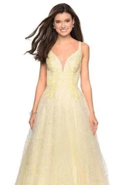 La Femme - 27719 Lace Appliqued Plunging Bodice Sequined Gown -Hot Sale WEDDING Store la femme 27719 lace appliqued plunging bodice sequined gown special occasion dress 29052449783891