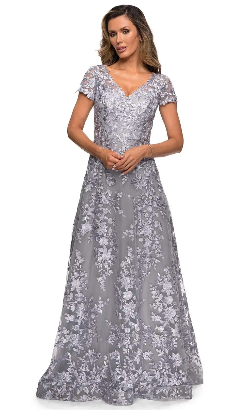 La Femme - 27870 Short Sleeve Lace Overlaid A-Line Dress 4 La Femme - 27870 Short Sleeve Lace Overlaid A-Line Dress - Image 4