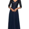 La Femme - 27998 V Neck Quarter Length Sleeves A-Line Long Gown