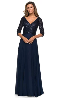 La Femme - 27998 V Neck Quarter Length Sleeves A-Line Long Gown