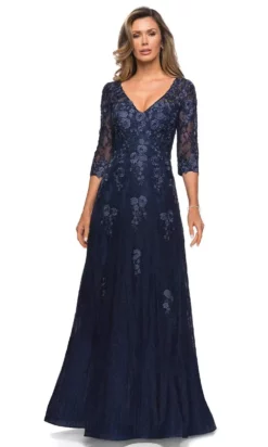 La Femme - 28000 V Neck Floral Lace A-Line Long Gown