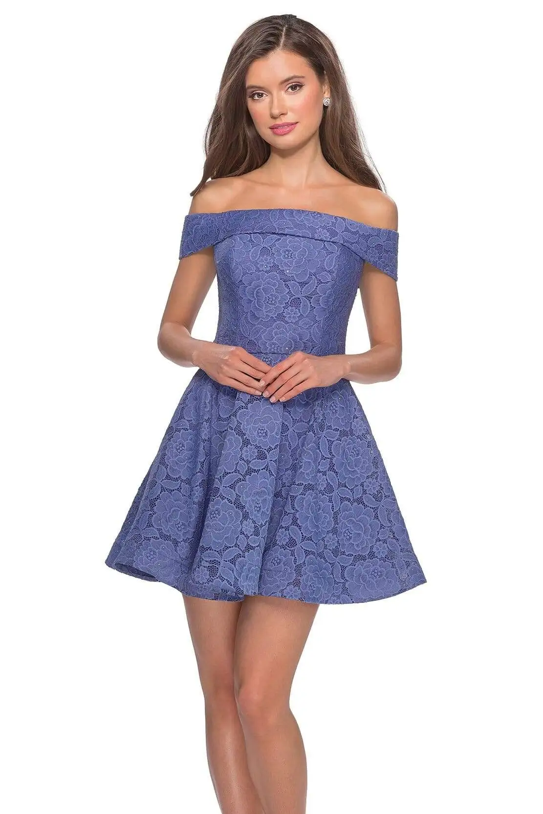 La Femme - 28122 Off Shoulder Short Lace Dress 5 La Femme - 28122 Off Shoulder Short Lace Dress - Image 5