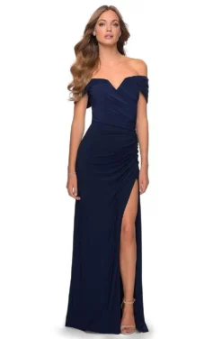 La Femme - 28389 Notched Off Shoulder Ruched Fitted Jersey Dress 8 La Femme - 28389 Notched Off Shoulder Ruched Fitted Jersey Dress -Hot Sale WEDDING Store la femme 28389 notched off shoulder ruched fitted jersey dress bridesmaid dresses 00 navy 28071746568275