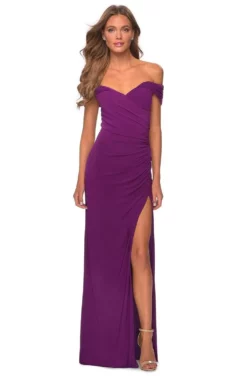 La Femme - 28389 Notched Off Shoulder Ruched Fitted Jersey Dress 10 La Femme - 28389 Notched Off Shoulder Ruched Fitted Jersey Dress -Hot Sale WEDDING Store la femme 28389 notched off shoulder ruched fitted jersey dress bridesmaid dresses 00 purple 28071747518547