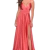 La Femme - 28571 Satin Deep V-neck A-line Gown