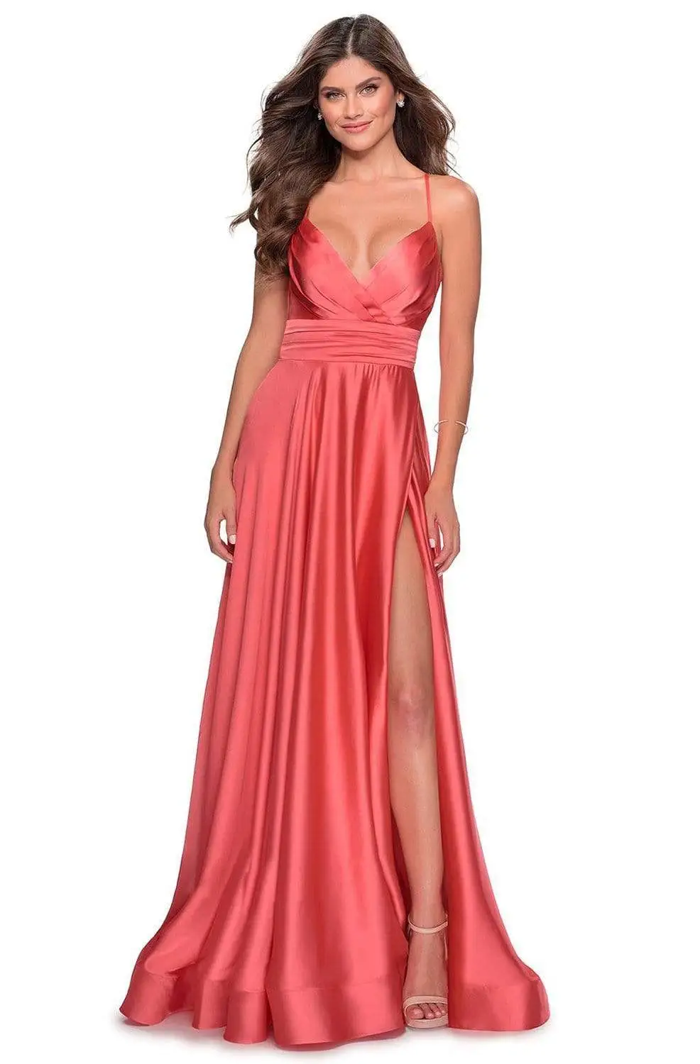 La Femme - 28571 Satin Deep V-neck A-line Gown 1 La Femme - 28571 Satin Deep V-neck A-line Gown