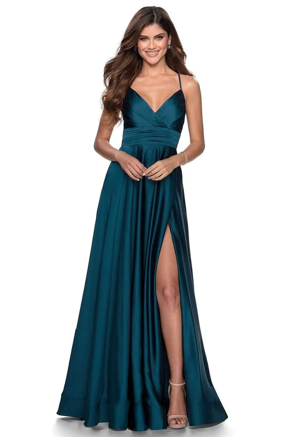 La Femme - 28571 Satin Deep V-neck A-line Gown 7 La Femme - 28571 Satin Deep V-neck A-line Gown - Image 7