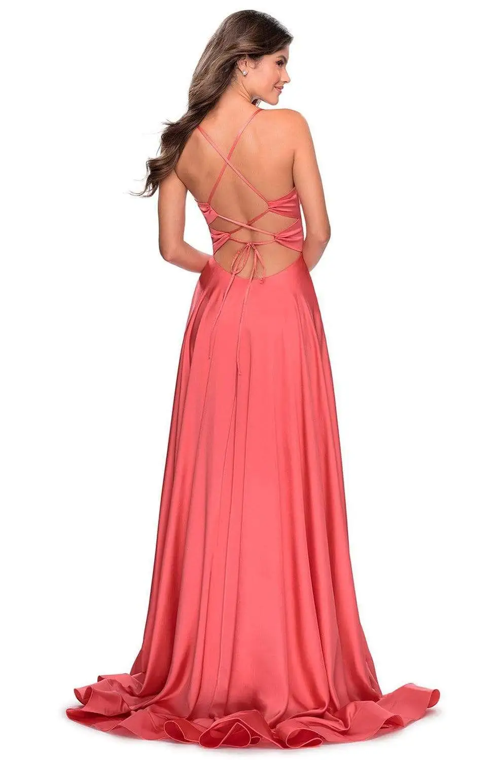 La Femme - 28571 Satin Deep V-neck A-line Gown 2 La Femme - 28571 Satin Deep V-neck A-line Gown - Image 2