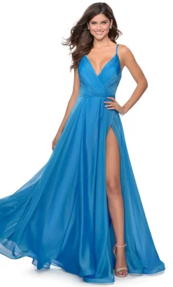 La Femme - 28611 Pleated V-Neck Chiffon High Slit Dress
