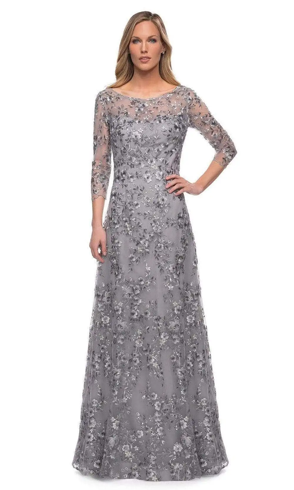 La Femme - 29903 Floral Embroidered Sheer Sleeve Gown 1 La Femme - 29903 Floral Embroidered Sheer Sleeve Gown