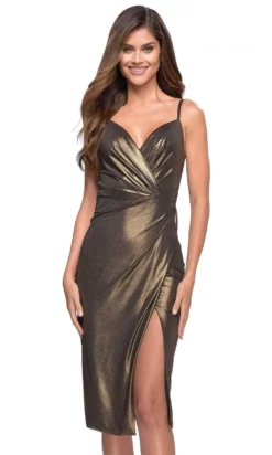 La Femme 30937 - V-Neck Ruched Metallic Formal Dress -Hot Sale WEDDING Store la femme 30937 v neck ruched metallic formal dress evening dress 31028364836947