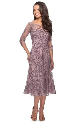 La Femme - Floral Embroidered Illusion Bateau Dress 27971SC - 1 Pc Dusty Lilac In Size 14 Available