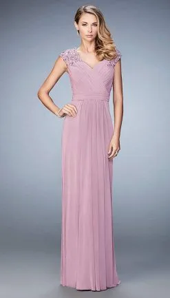 La Femme Floral Laced Cap Sleeve Gown 23004SC - 1 Pc Mauve In Size 10 Available