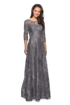 La Femme - Lace Bateau Quarter Length Sleeve A-line Gown 27885SC