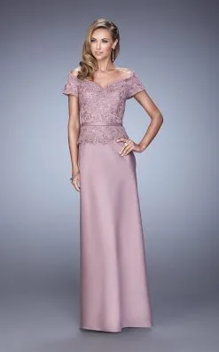 La Femme Laced Off Shoulder Column Dress 21726SC - 1 Pc Mauve In Size 10 Available