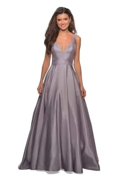 La Femme - Long Deep V-neck Mikado A-line Dress 27202SC - 1 Pc Platinum In Size 4 Available