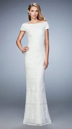 La Femme Off Shoulder Lace Short Sleeves Long Dress 23012SC - 1 Pc White In Size 2 Available