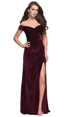 La Femme - Off-Shoulder Sheath Evening Gown With Slit 25213SC - 1 Pc Wine In Size 8 Available