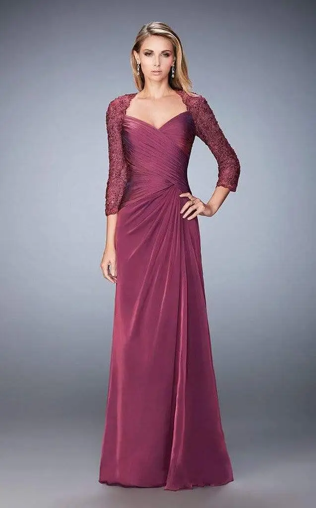 La Femme - Quarter Length Sleeves Laced V-Neck Dress 21805SC - 1 Pc Boysenberry In Size 4 And 1 Pc Blue Pearl In Size 4 Available 1 La Femme - Quarter Length Sleeves Laced V-Neck Dress 21805SC - 1 Pc Boysenberry In Size 4 And 1 Pc Blue Pearl In Size 4 Available