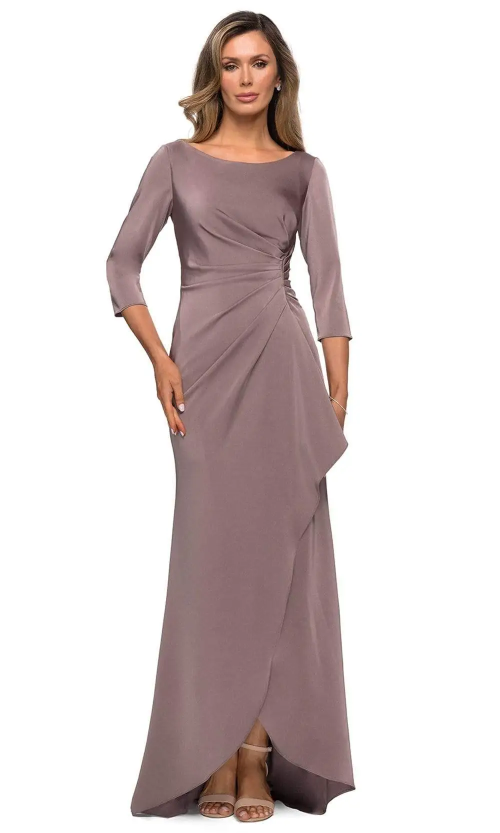 La Femme - Quarter Sleeve Draped High Slit Dress 28197SC 3 La Femme - Quarter Sleeve Draped High Slit Dress 28197SC - Image 3
