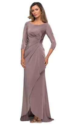 La Femme - Quarter Sleeve Draped High Slit Dress 28197SC 9 La Femme - Quarter Sleeve Draped High Slit Dress 28197SC -Hot Sale WEDDING Store la femme quarter sleeve draped high slit dress 28197sc 1 pc navy in size 12 available ccsale 28987405336659