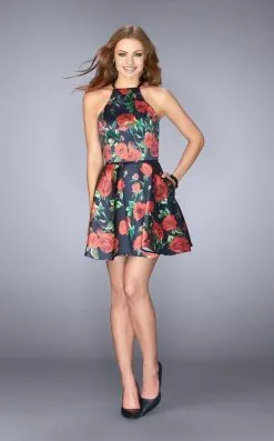 La Femme - Sweet Floral High Neck Short Dress 24620 - 1 Pc Black/Multi In Size 4 Available