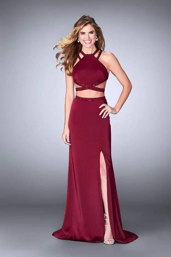 La Femme - Two Piece Beaded Strappy Halter Prom Gown 24420SC - 1 Pc Burgundy In Size 8 Available 1 La Femme - Two Piece Beaded Strappy Halter Prom Gown 24420SC - 1 Pc Burgundy In Size 8 Available
