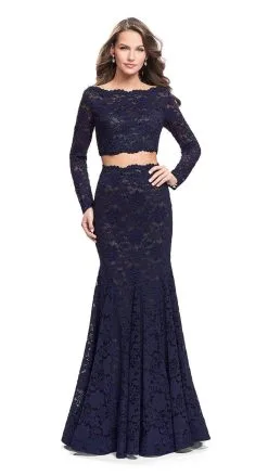 La Femme - Two Piece Lace Mermaid Dress 25668SC - 1 Pc Navy In Size 8 Available