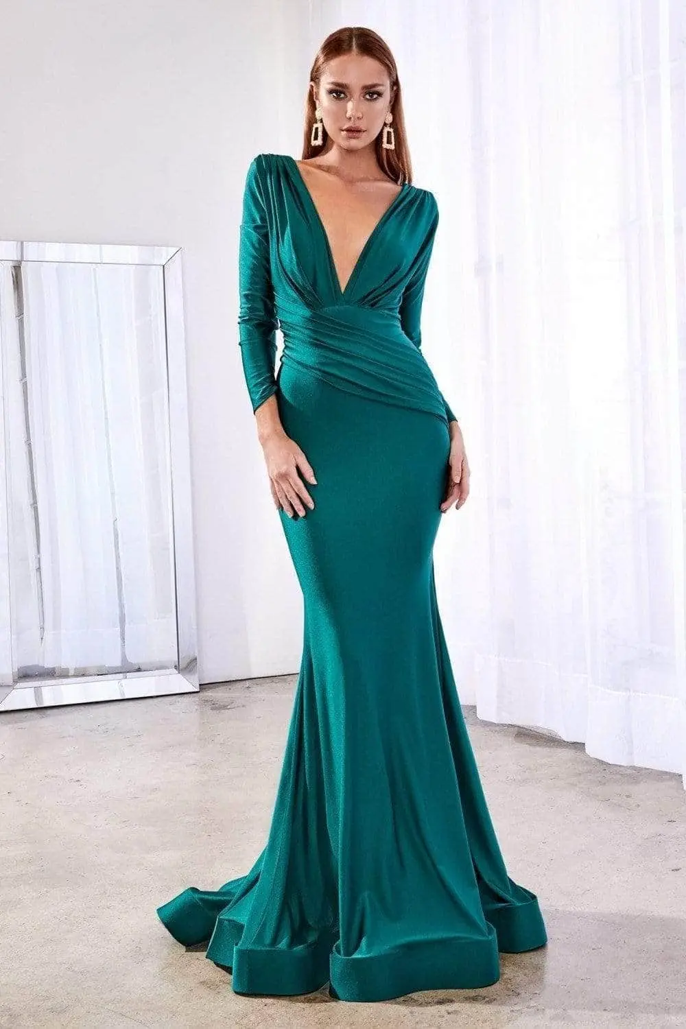 Ladivine CD0168 - Long Sleeve Draped Evening Dress 1 Ladivine CD0168 - Long Sleeve Draped Evening Dress