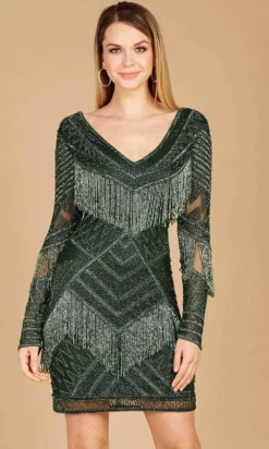 Lara Dresses 29355 - Long Sleeve Beaded Fringe Cocktail Dress