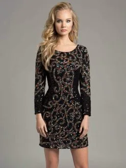 Lara Dresses - 33007 Long Sleeve Multi-Color Gem Short Cocktail Dress