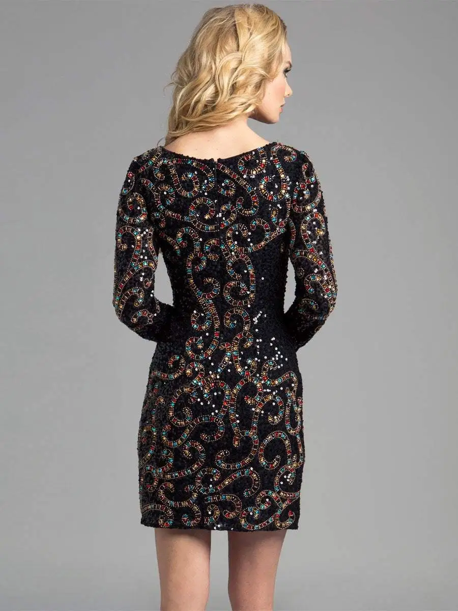 Lara Dresses - 33007 Long Sleeve Multi-Color Gem Short Cocktail Dress 2 Lara Dresses - 33007 Long Sleeve Multi-Color Gem Short Cocktail Dress - Image 2