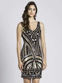 Lara Dresses - 33581 V-Neck Sequined Print Short Dress
