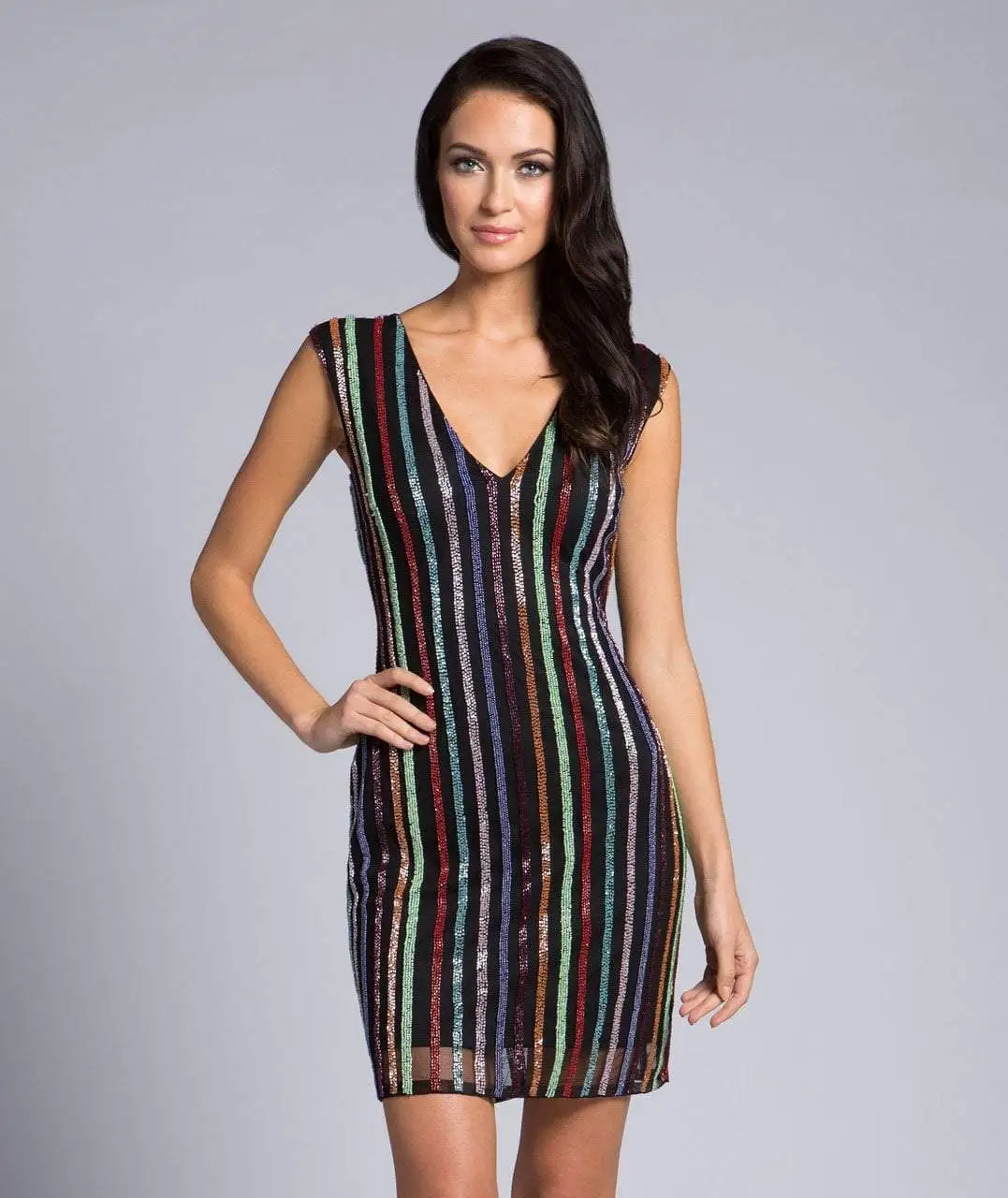 Lara Dresses - 33607 Multi-Colored Beaded V-neck Sheath Dress 1 Lara Dresses - 33607 Multi-Colored Beaded V-neck Sheath Dress