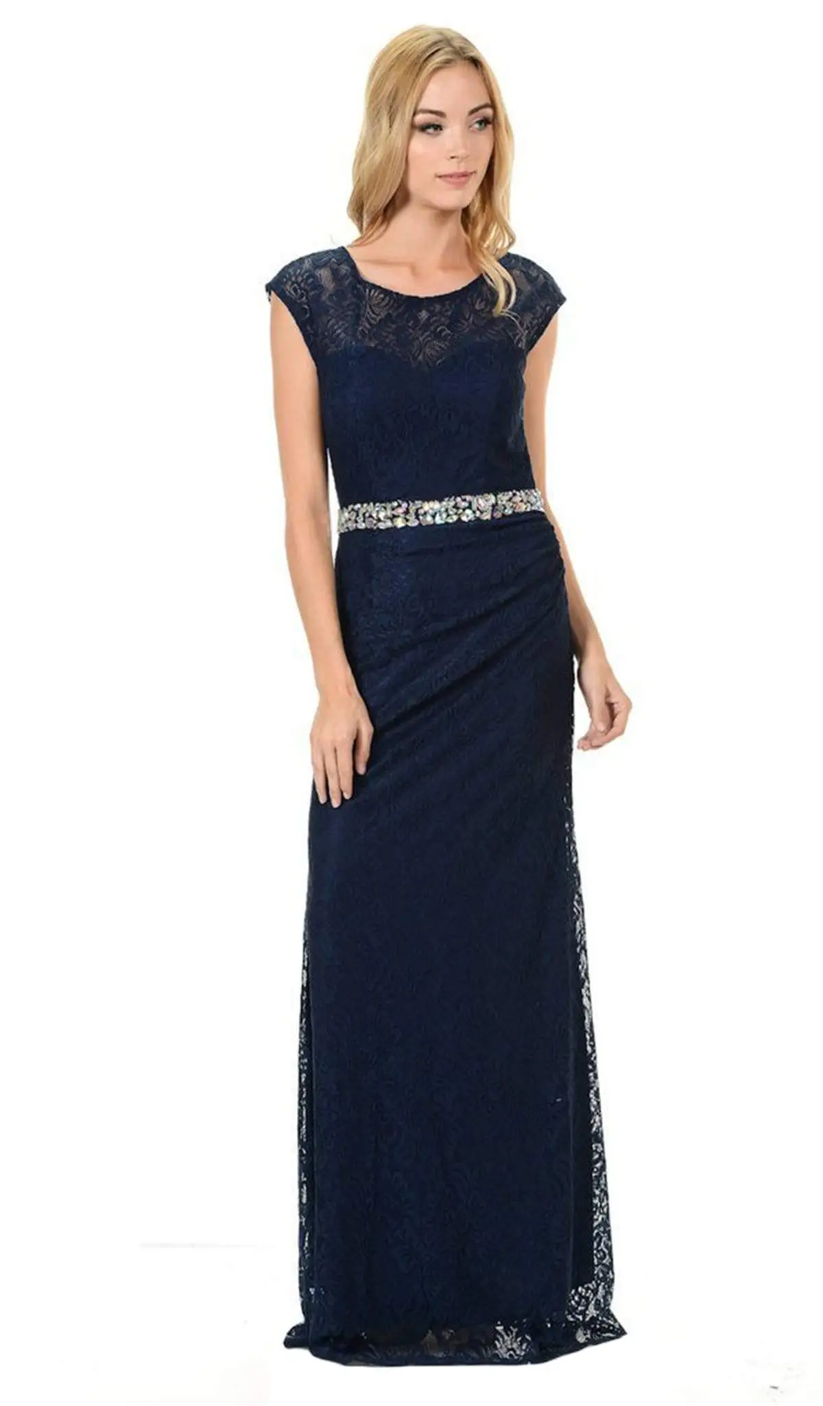 Lenovia - 5157 Cap Sleeve Draped Lace Long Sheath Dress 5 Lenovia - 5157 Cap Sleeve Draped Lace Long Sheath Dress - Image 5