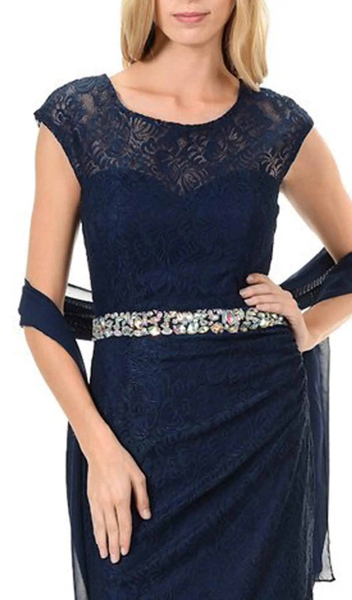 Lenovia - 5157 Cap Sleeve Draped Lace Long Sheath Dress 2 Lenovia - 5157 Cap Sleeve Draped Lace Long Sheath Dress - Image 2