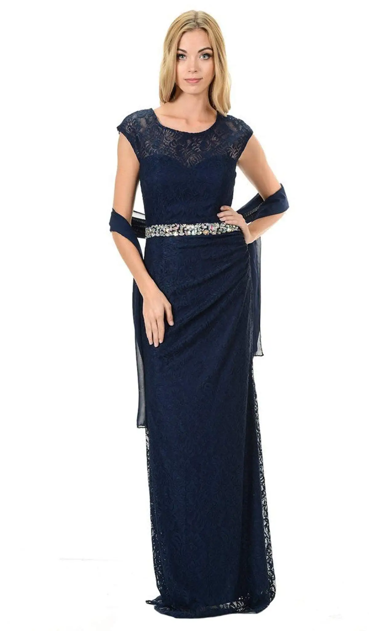 Lenovia - 5157 Cap Sleeve Draped Lace Long Sheath Dress 1 Lenovia - 5157 Cap Sleeve Draped Lace Long Sheath Dress