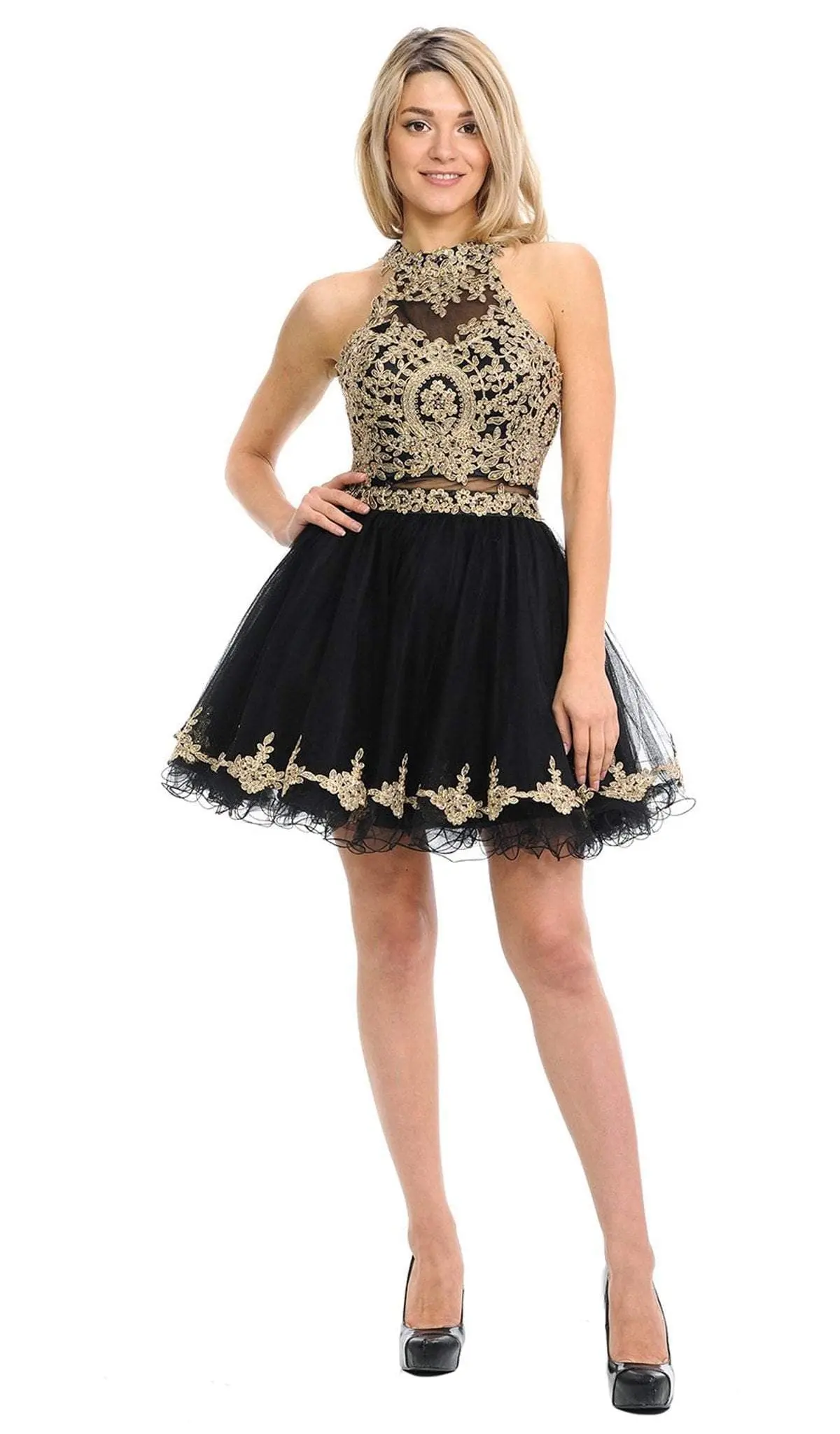 Lenovia - 8015 Gold Lace Appliqued Keyhole Cutout A-Line Dress 1 Lenovia - 8015 Gold Lace Appliqued Keyhole Cutout A-Line Dress