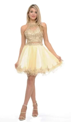 Lenovia - 8015 Gold Lace Appliqued Keyhole Cutout A-Line Dress 14 Lenovia - 8015 Gold Lace Appliqued Keyhole Cutout A-Line Dress -Hot Sale WEDDING Store lenovia 8015 gold lace appliqued keyhole cutout a line dress bridesmaid dresses xs champagne 6207554781241