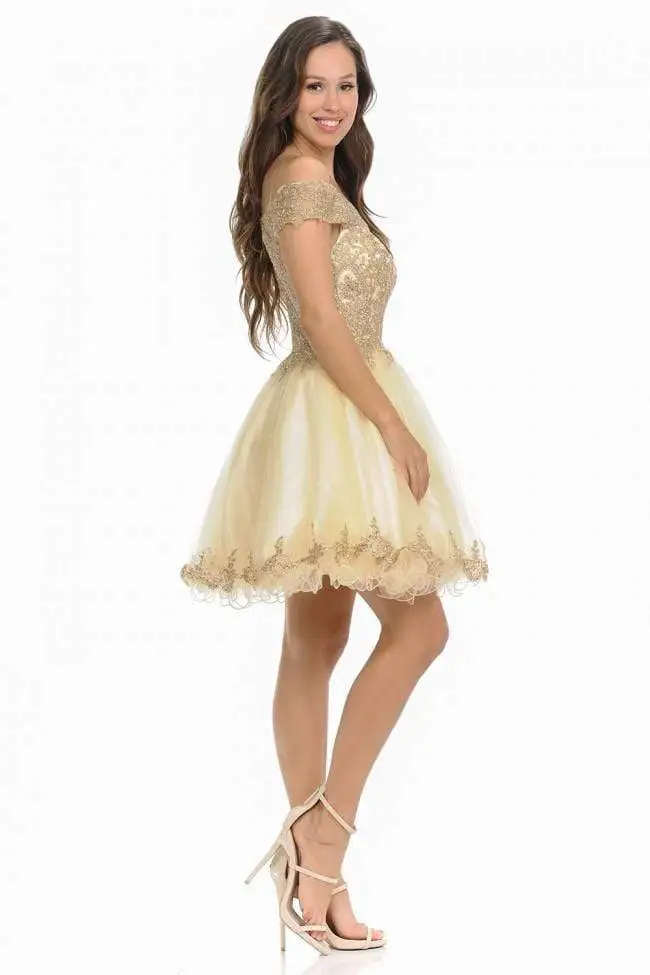 Lenovia - 8124 Gold Lace Appliqued Off Shoulder A-Line Dress 12 Lenovia - 8124 Gold Lace Appliqued Off Shoulder A-Line Dress - Image 12